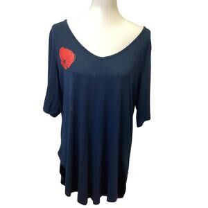 Hand Printed Upcycled Womens 1X Red Poppy Flower 3/4 Sleeve Deep VNeck Tee Shirt